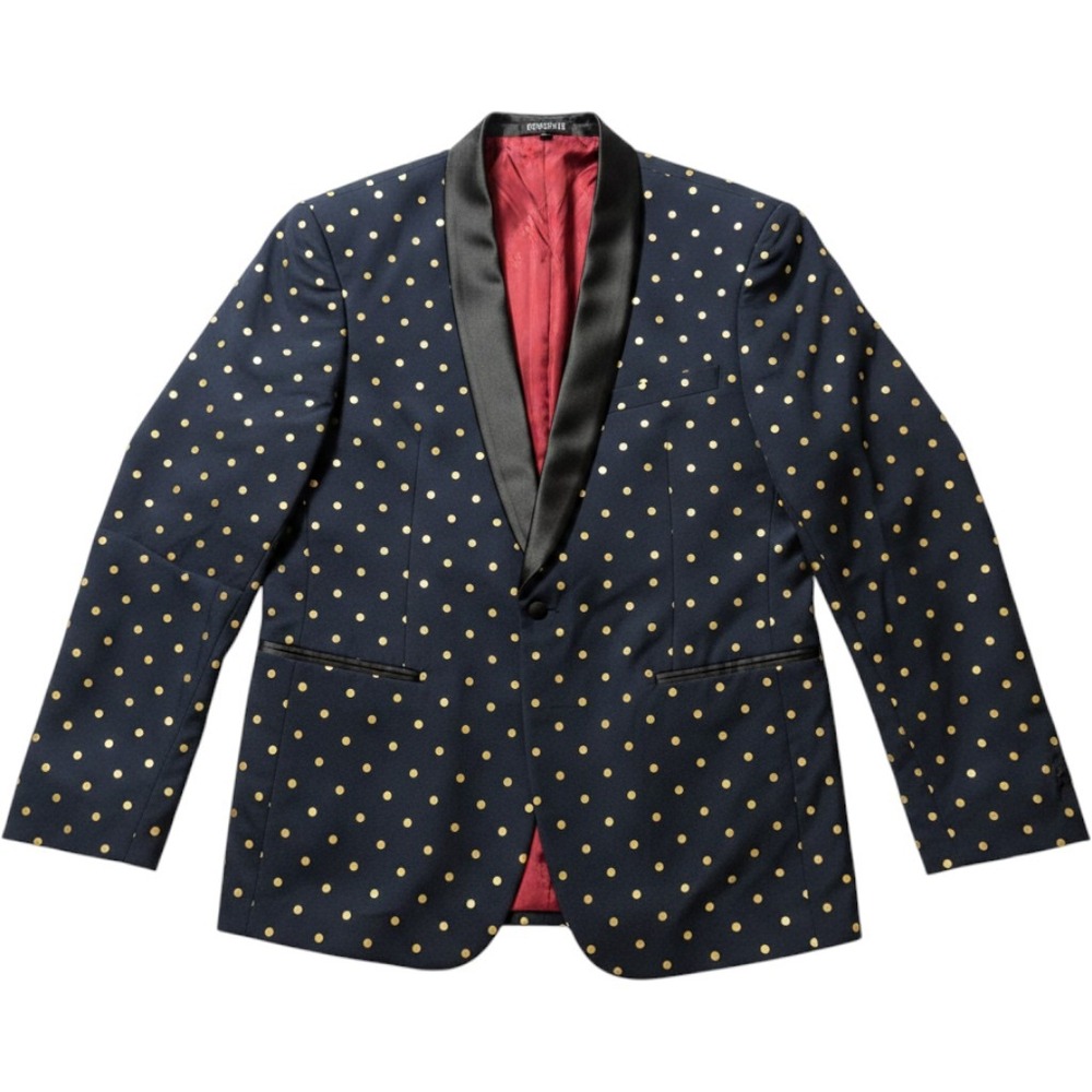 OppoSuits Tuxedo Blazer and slacks Men 42 Navy Gold Polka Dot Satin Shawl Lapel